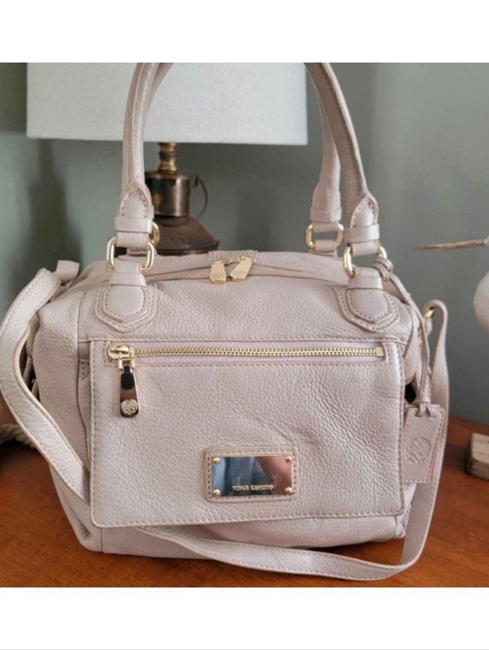 Vince Camuto Cream Tan Pebbled Leather Satchel Crossbody Shoulder Bag
